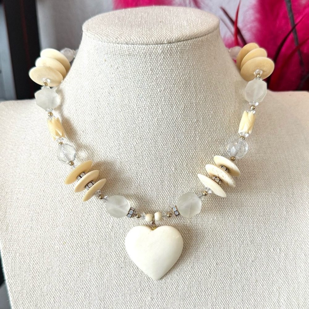 Artisan Bone and Crystal Beaded Heart Necklace